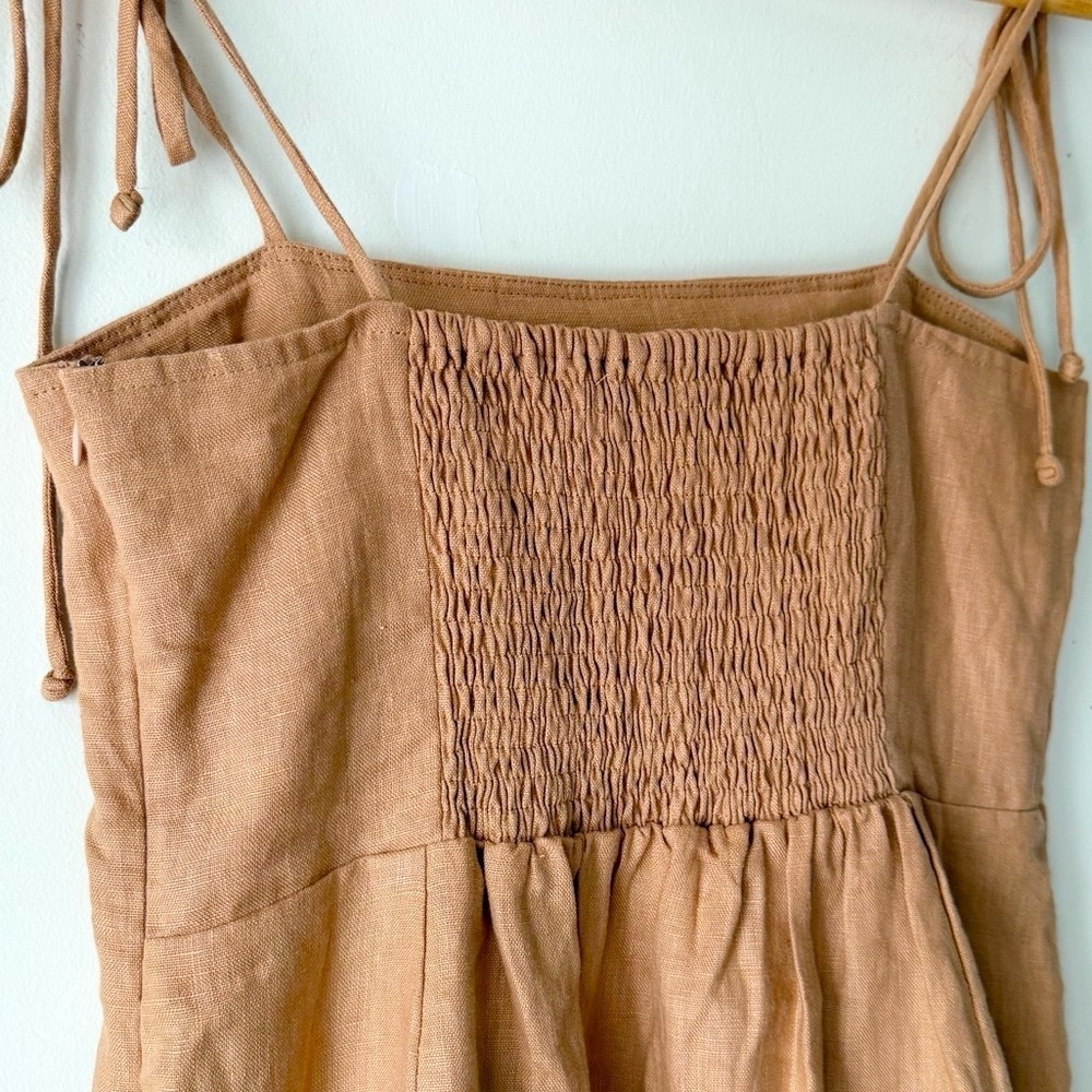 Faithfull the Brand Ysla Linen Smocked Back Shoulder Tie Dress in Hazelnut Sz 6 - Picture 9 of 14
